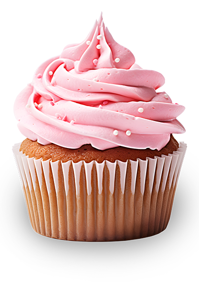 Cupcake con glaseado rosa y decoraciones de bolitas blancas, presentado en un molde de papel. Ideal para fiestas y celebraciones.